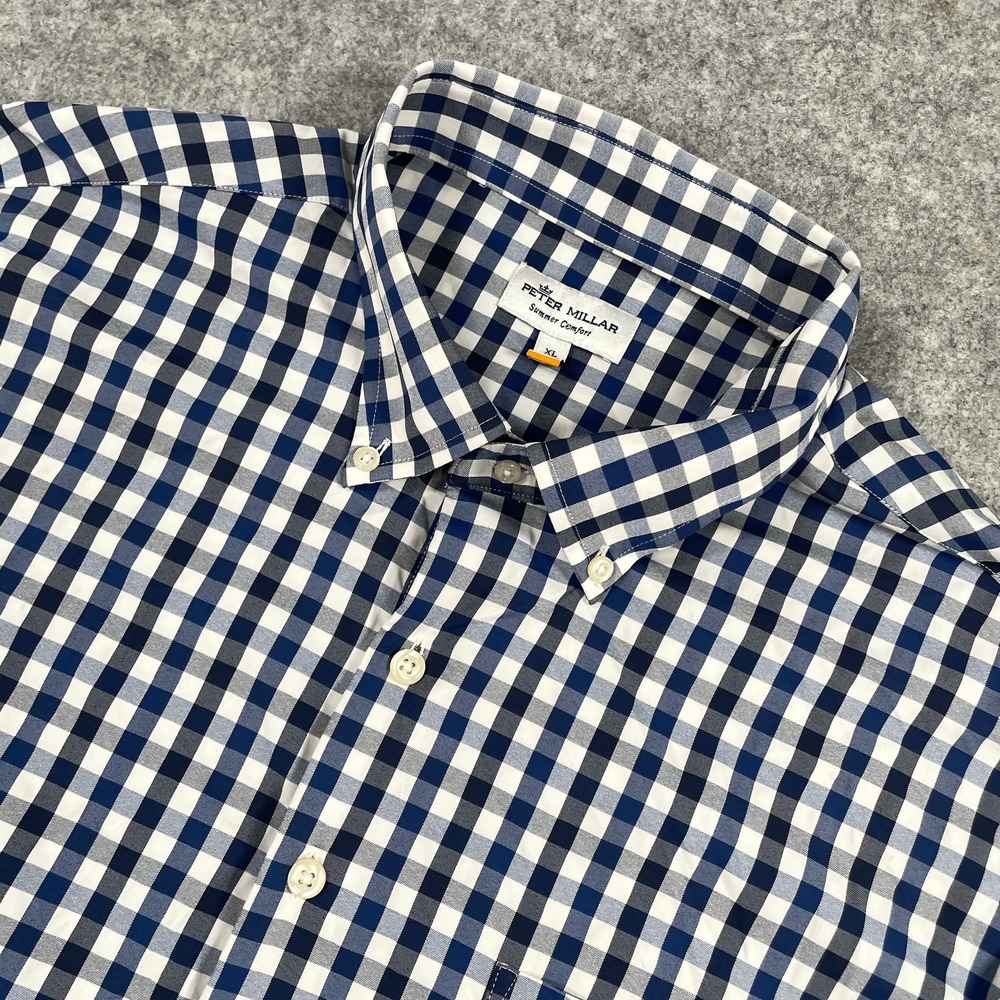 Peter Millar Mens Button Down Shirt XL Blue Gingham Summer Comfort Stretch
